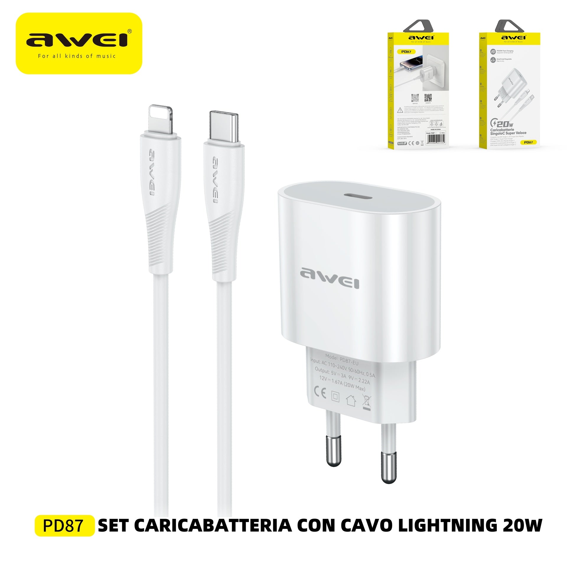 AWEI PD87CL Set Caricatore 20 W + Cavo Type-C a Lightning