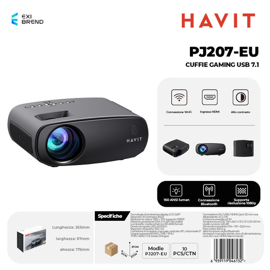 HAVIT PJ207-EU Proiettore Wi-Fi / Bluetooth Connessione 1080p e 110ansi Lumen