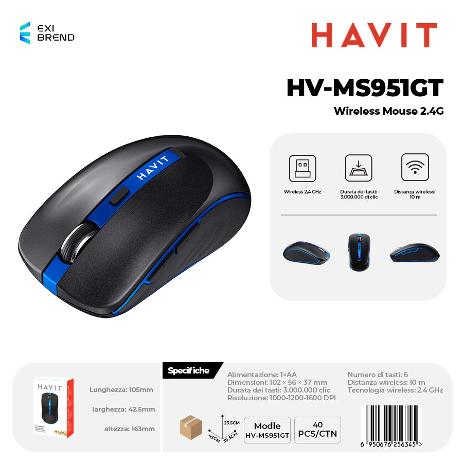 HAVIT HV-MS951GT Mouse Wireless 2,4 GHz 1000-1200-1600dpi Regolabili - Black
