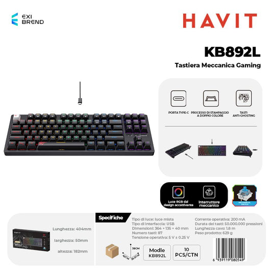 HAVIT KB892L Tastiera Gaming Meccanica Blu Switch RGB Regolabili Type-C