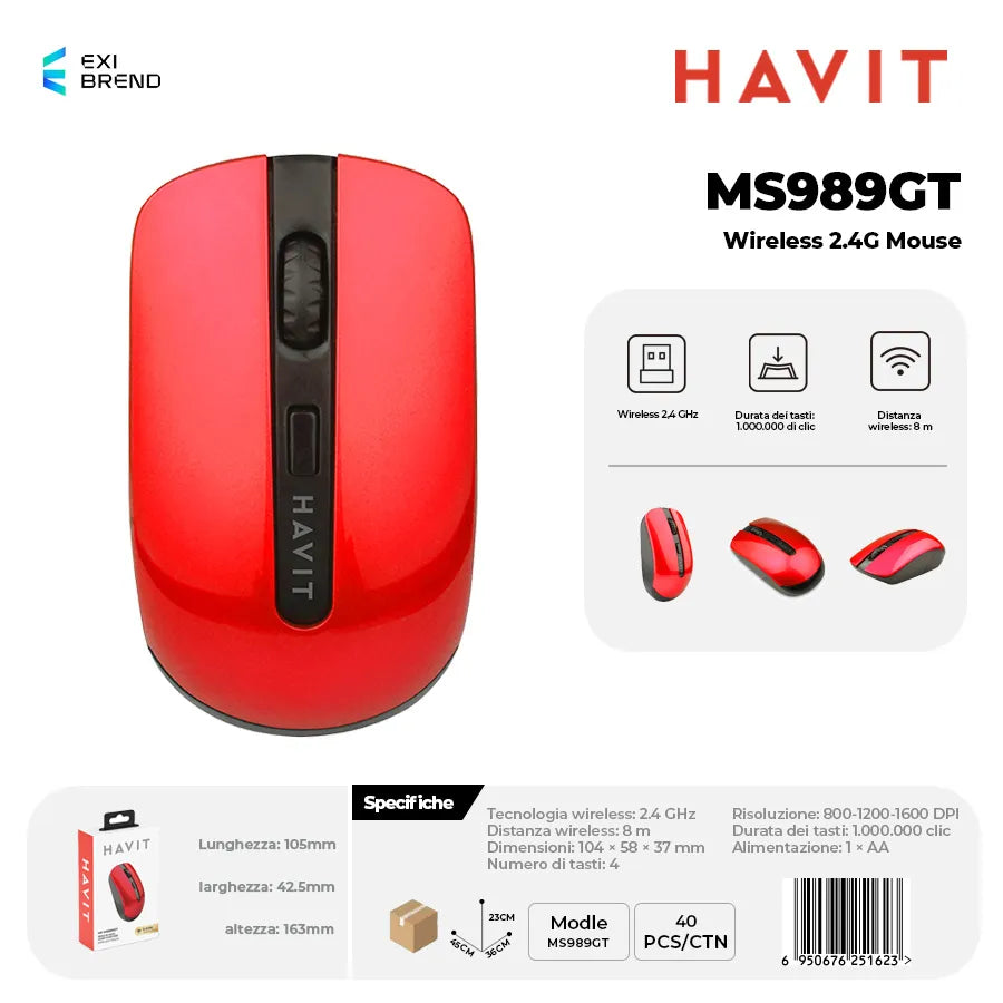HAVIT MS989GT Wireless 2,4 GHz Mouse DPI800-1200-1600 - Red