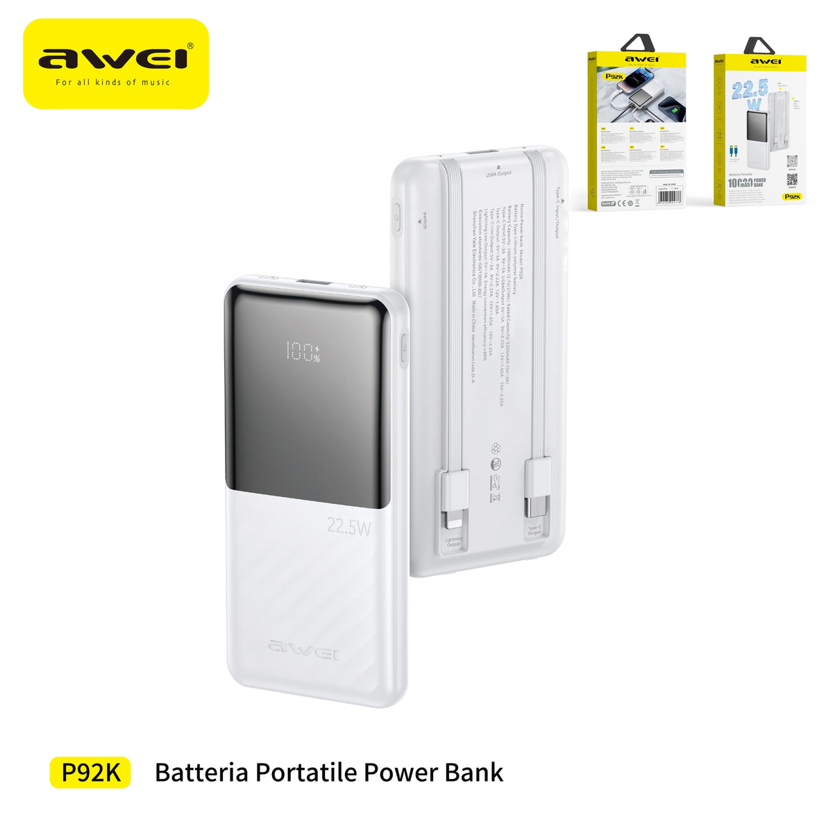 AWEI P92K-WH Power Bank 22,5 W 10000 mAh