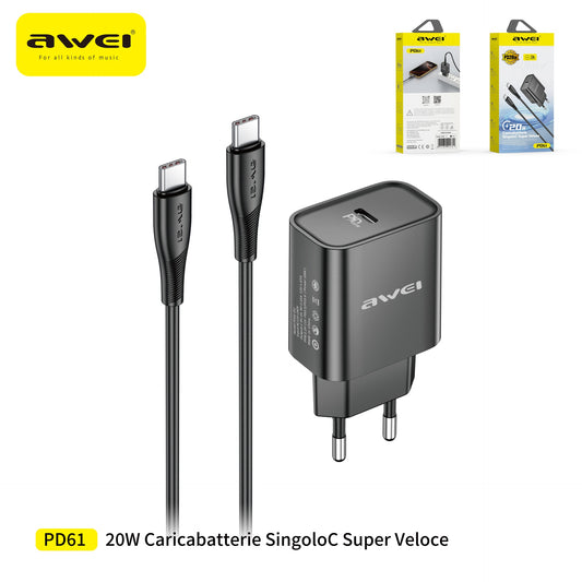 AWEI PD61CC Set Caricatore 20 W + Cavo Type-C a Type-C