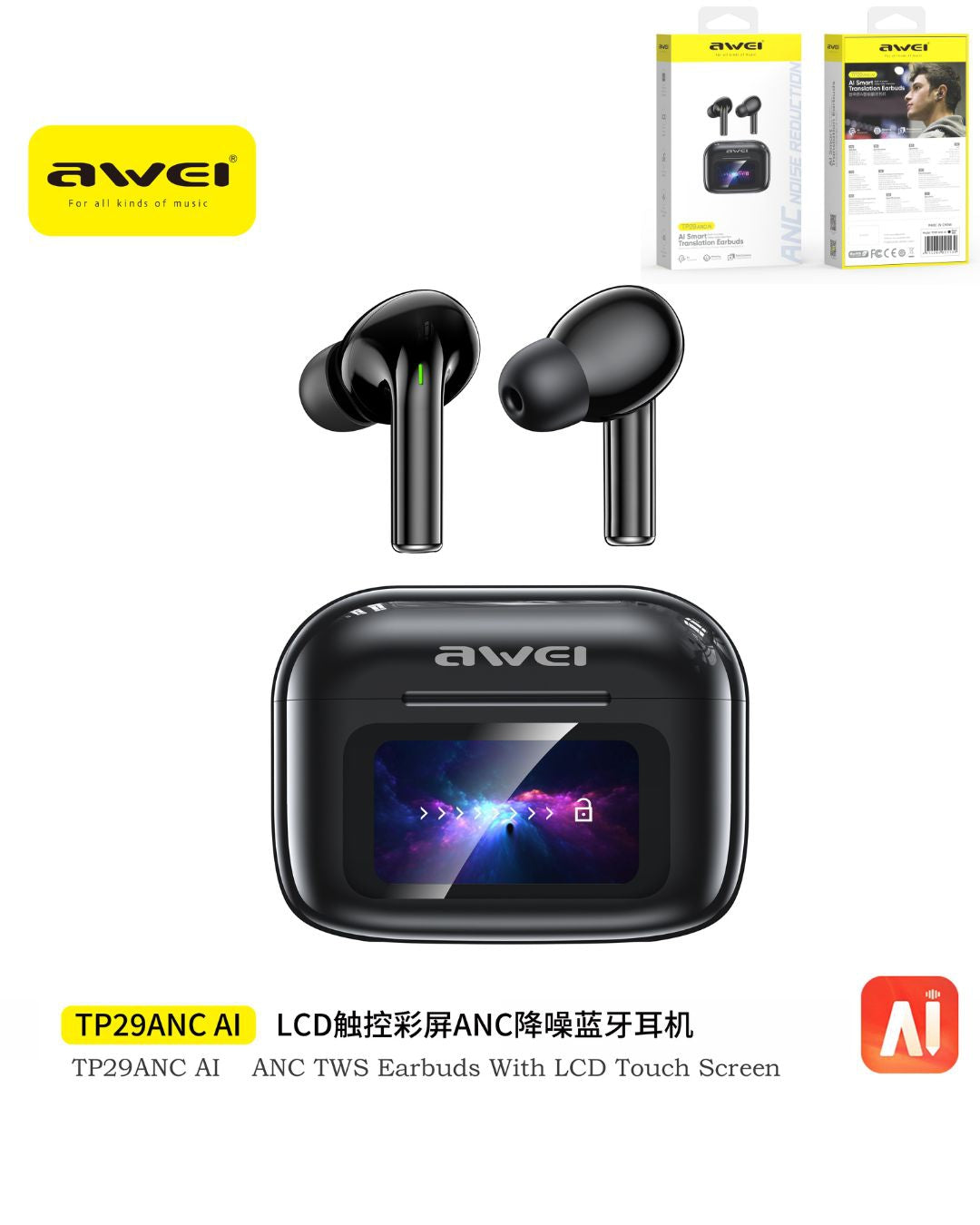 AWEI TP29 ANC Auricolari ANC Wireless con Display Multifunzione Nero