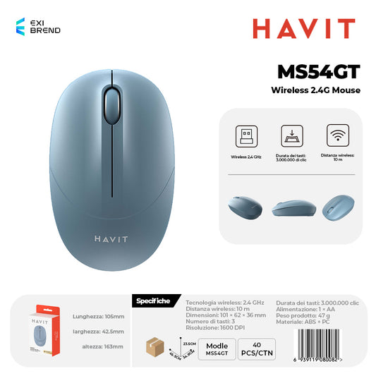 HAVIT MS54GT Wireless 2,4 GHz Mouse DPI 1600 Peso 47g - Blue