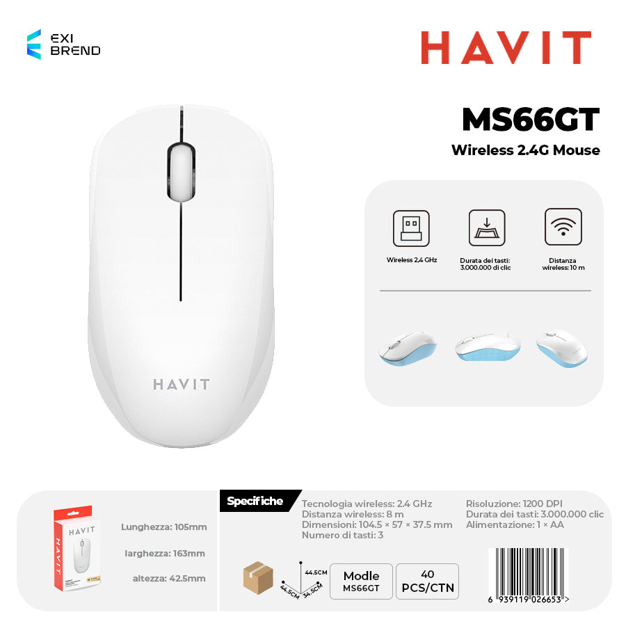 HAVIT MS66GT Wireless 2,4 GHz Mouse 3 Tasti - White/Blue