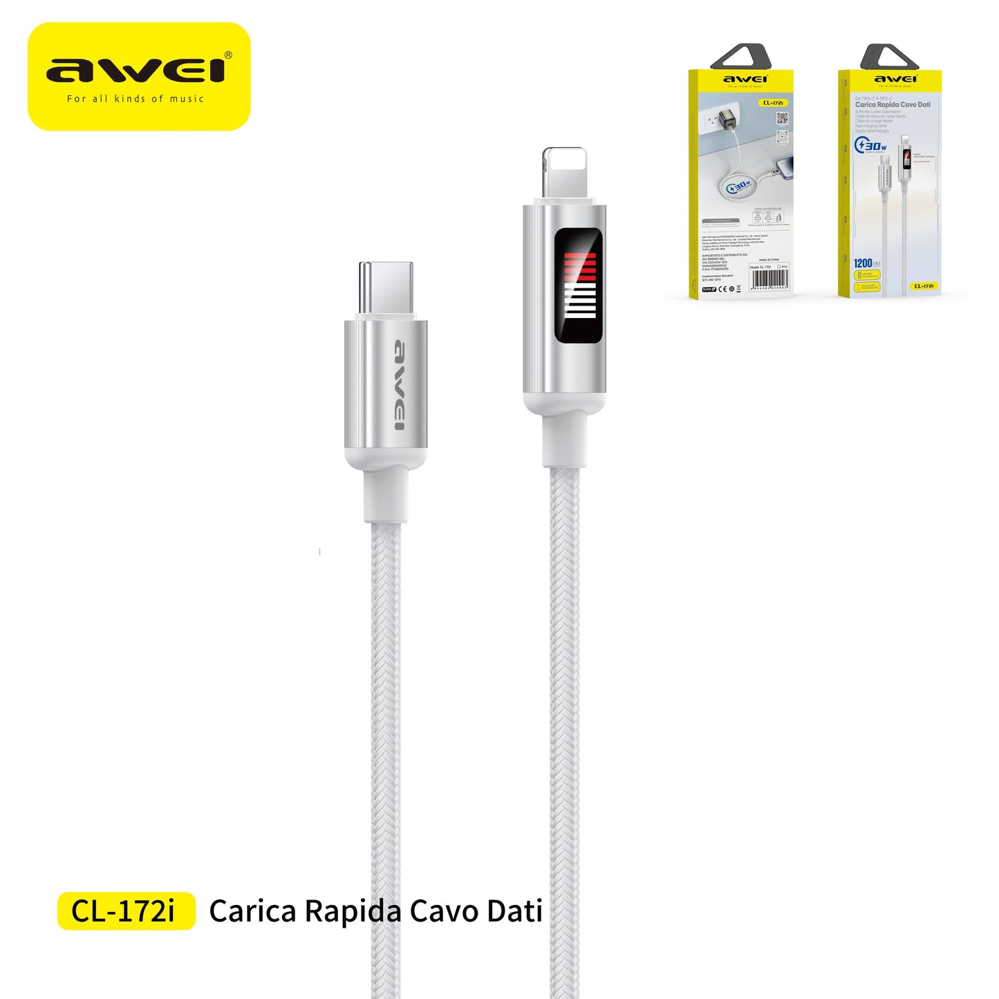 AWEI CL-172i Cavo Type-C a Lightning con Display 10V / 3A 1,2 m