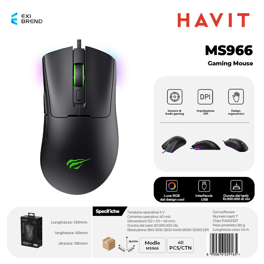 HAVIT MS966 Mouse Gaming con RGB DPI Fino 12000 7 Tasti Macro Programming - Black