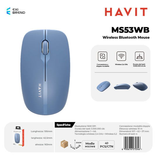 HAVIT MS53WB Wireless Bluetooth 5,2 Mouse DPI 1600 Peso 50g - Blue