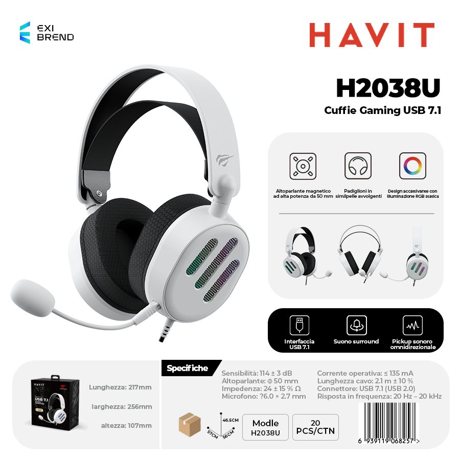 HAVIT H2038U Cuffie Gaming Altoparlante da 50 mm con RGB Pieghevole a 90° - White