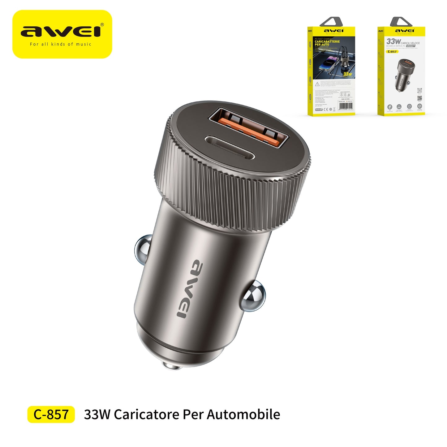 AWEI C-857 Caricatore Veloce Auto USB + Type-C 33 W