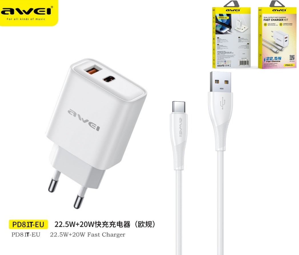 AWEI PD81T-EU Set Caricatore 22,5 W USB Type-C con Cavo U-C - White