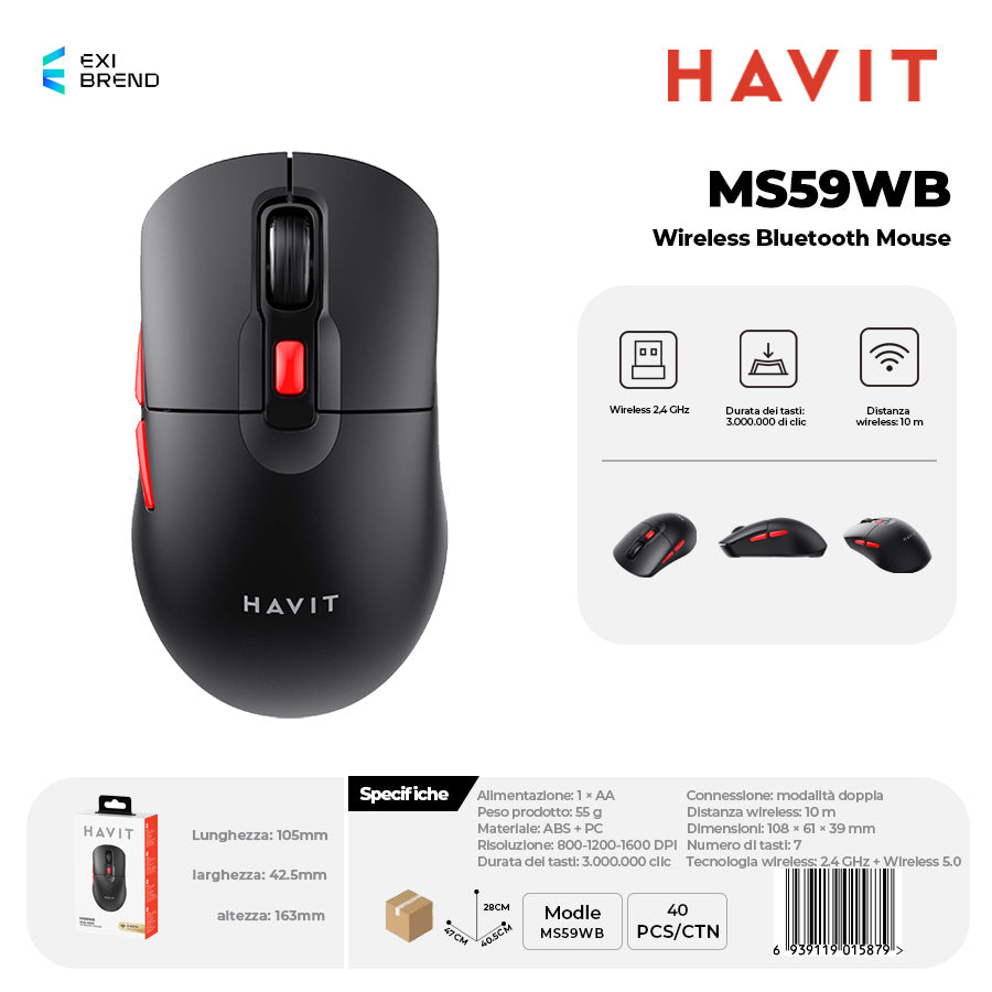 HAVIT MS59WB Wireless Bluetooth 5,0 Mouse DPI Regolabili 800-1200-1600 Peso 55g - Black