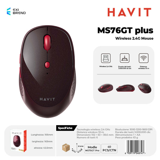HAVIT MS76GT plus Wireless 2,4 GHz Mouse DPI Regolabili 800-1200-1600-2400 - Red