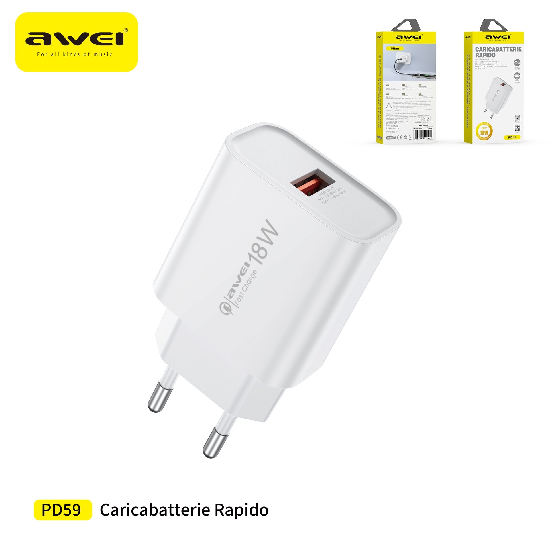 AWEI PD59-EU Adattatore con Ricarica Rapida 18 W
