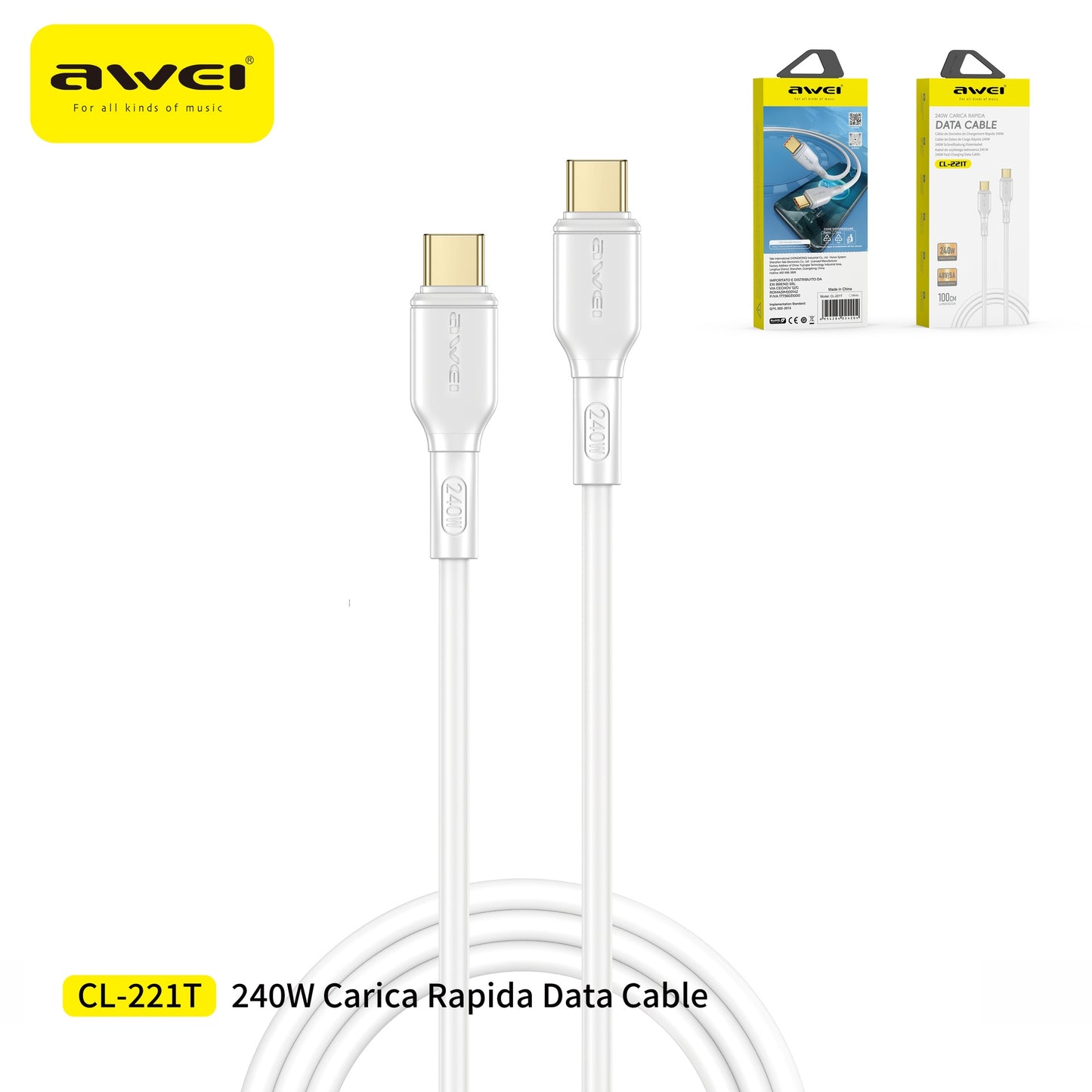 AWEI CL-221T-1 Cavo Ricarica Rapida Type-C a Type-C 240 W 5A 1 m