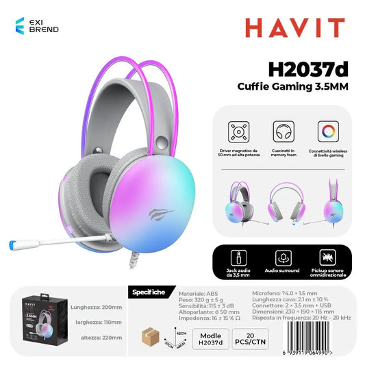 HAVIT H2037d Cuffie Gaming Altoparlante da 50 mm con Attacco 3,5 mm Guscio Luce Trasmitte