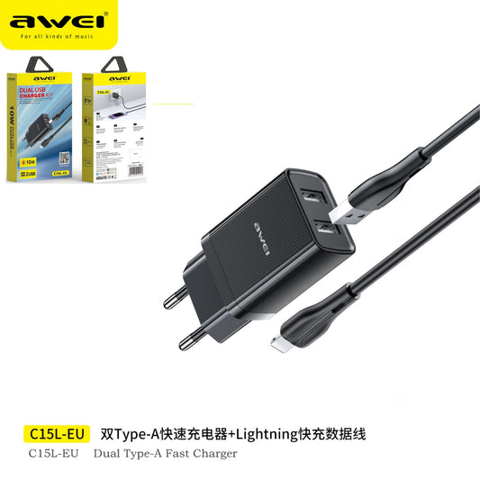 AWEI C15L-EUBK Set Caricabetteria con Doppia Uscita Cavo Lightning Nero