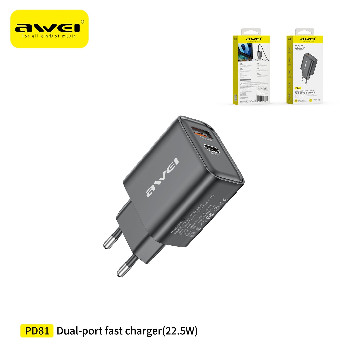AWEI PD81-EU Caricatore USB Type-C con Ricarica Rapida 22,5 W - Black