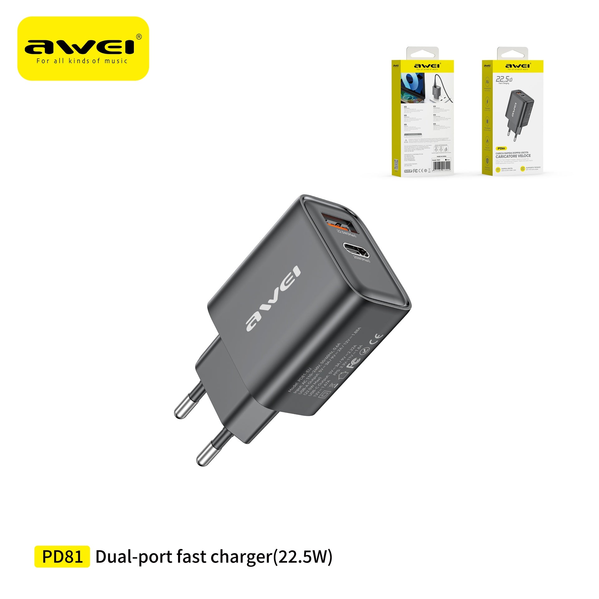 AWEI PD81-EU Caricatore USB Type-C con Ricarica Rapida 22,5 W - Black