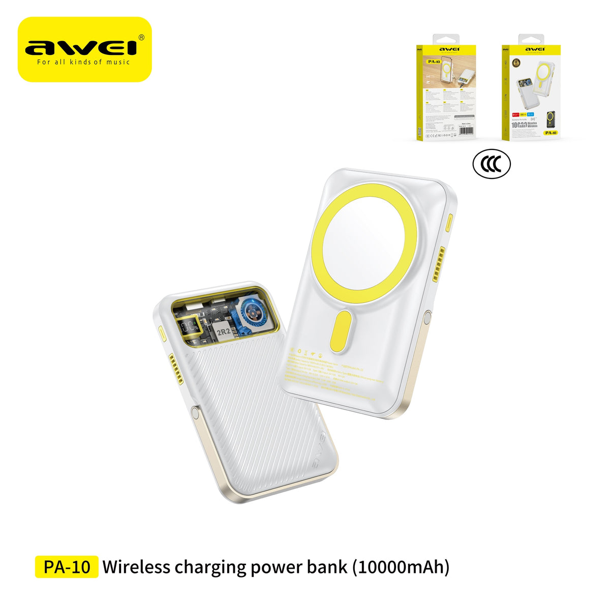 AWEI PA-10WH Power Bank Wireless + USB 10000 mAh con Supporto