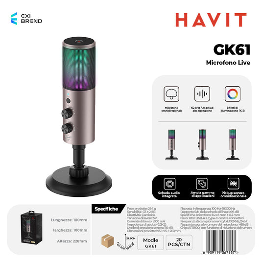 HAVIT GK61 Microfono Live Hi-Fi RGB con ENC