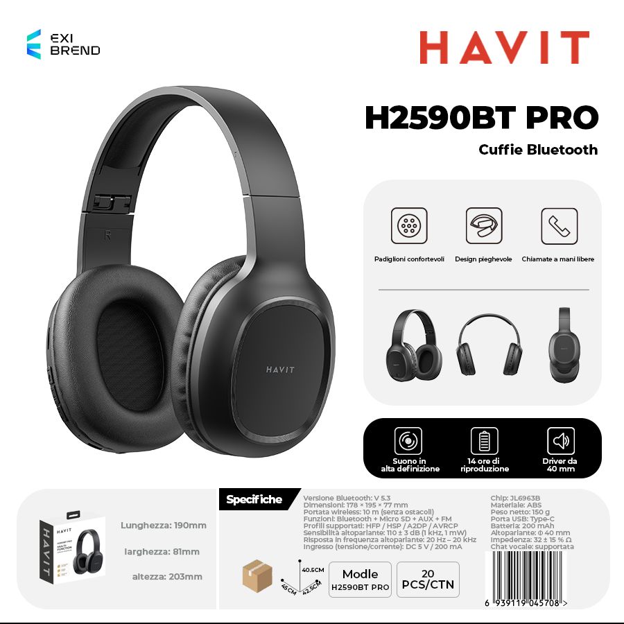 HAVIT H2590BT PRO Cuffie Bluetooth Multifunzione Microsd-FM-AUX 200 mAh - Black