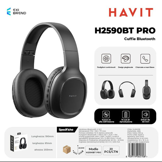 HAVIT H2590BT PRO Cuffie Bluetooth Multifunzione Microsd-FM-AUX 200 mAh - Black