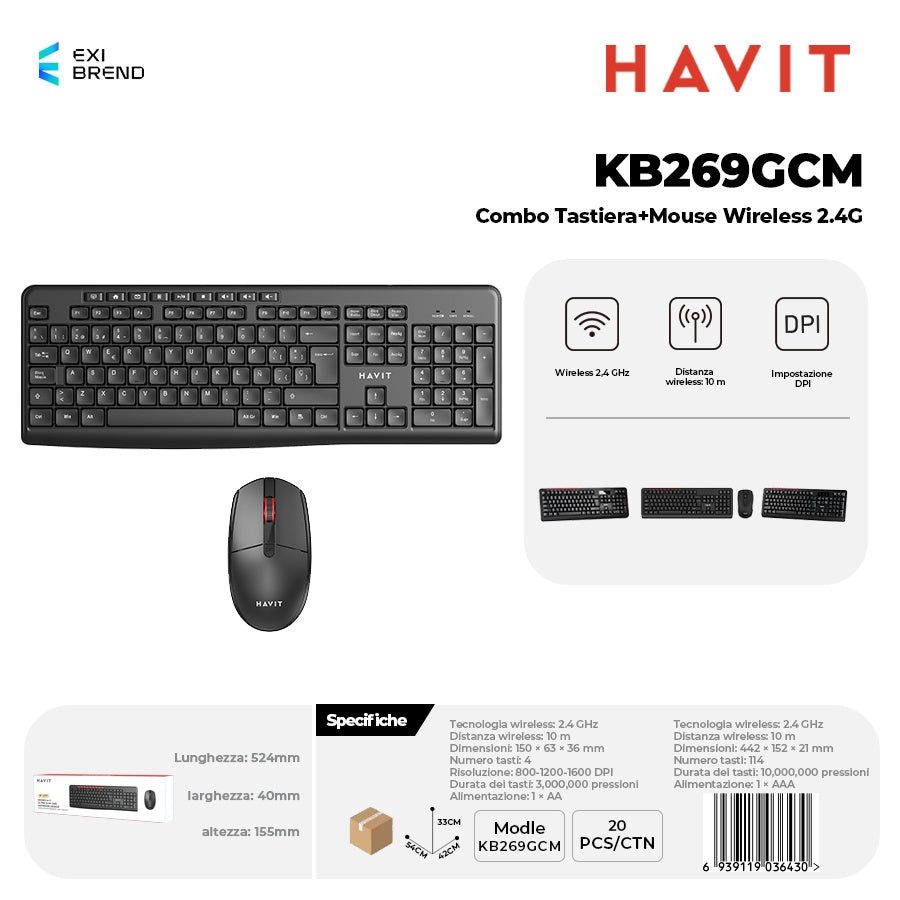 HAVIT KB269GCM Combo Tastiera + Mouse Wireless 2,4 GHz 800-1200-1600dpi Regolabili