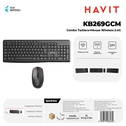 HAVIT KB269GCM Combo Tastiera + Mouse Wireless 2,4 GHz 800-1200-1600dpi Regolabili