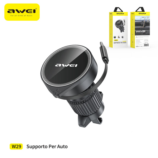 AWEI W29 Supporto Auto con Caricatore Wireless 3 in 1 Presa Type-C