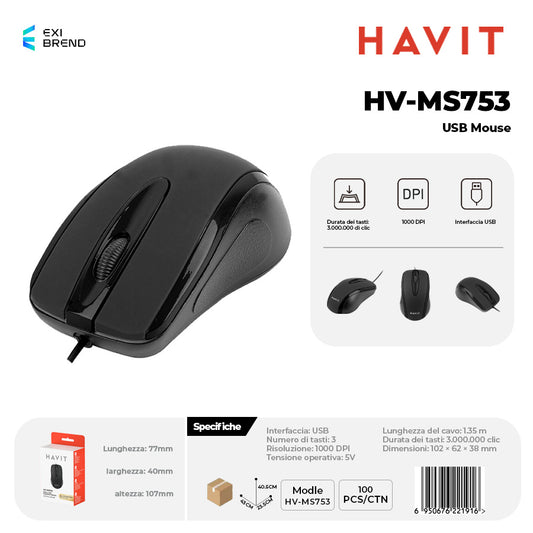 HAVIT HV-MS753 Mouse USB Design Ergonomico - Black