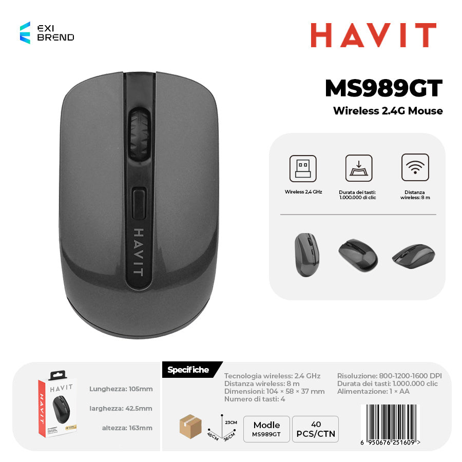 HAVIT MS989GT Wireless 2,4 GHz Mouse DPI800-1200-1600 - Black