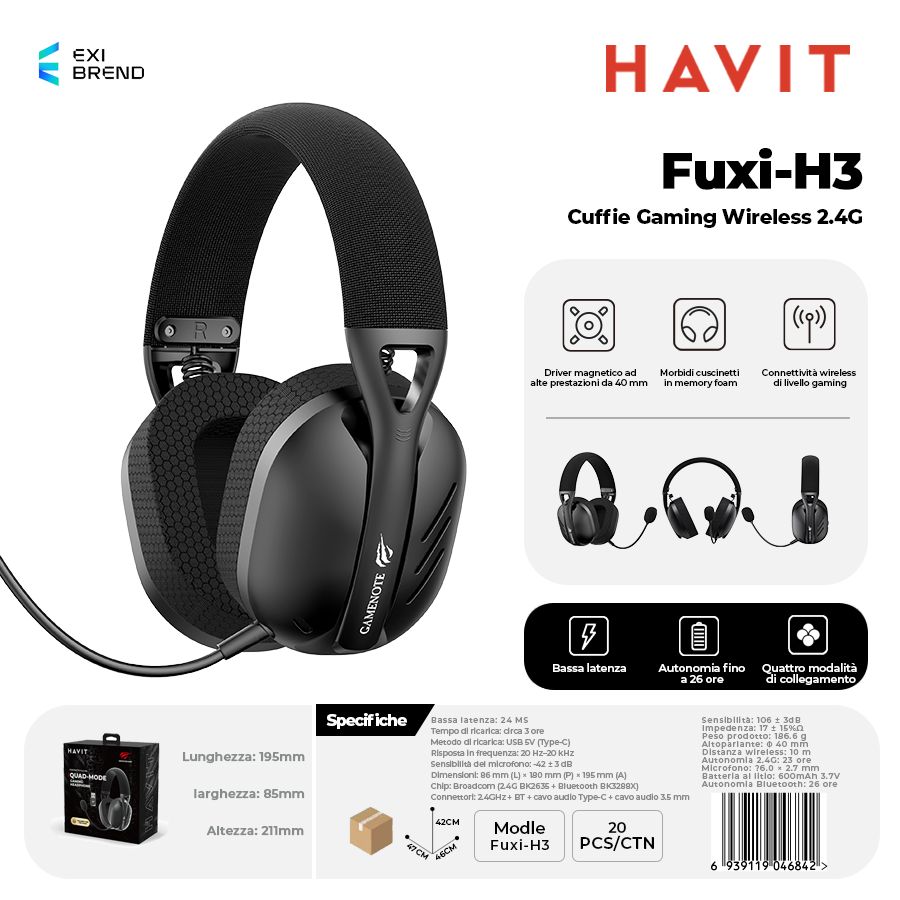 HAVIT FUXI-H3 Cuffie Gaming Wireless 2,4 GHz Ultra Leggero e Flessibile - Black