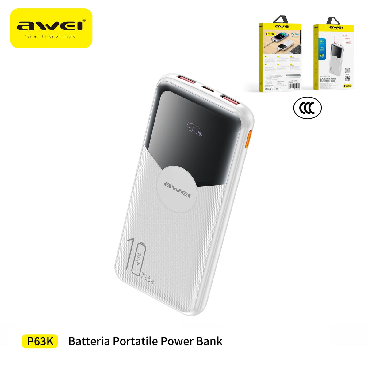 AWEI P63K Power Bank Doppia USB 10000 mAh - White