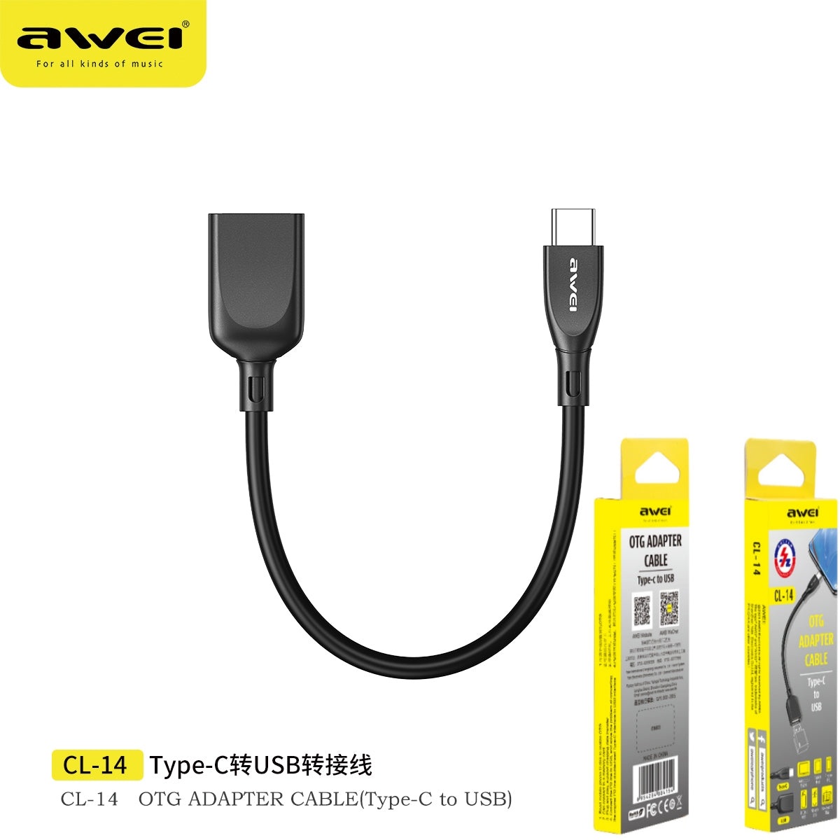 AWEI CL-14 Type-C a USB Trasformatore Nero