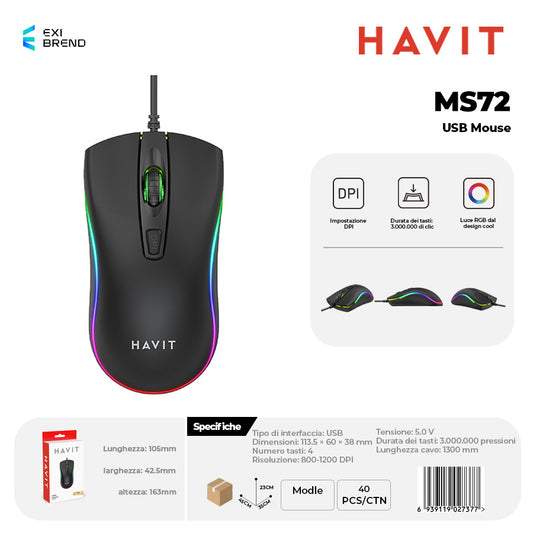 HAVIT MS72 Mouse USB RGB Regolabile - Black