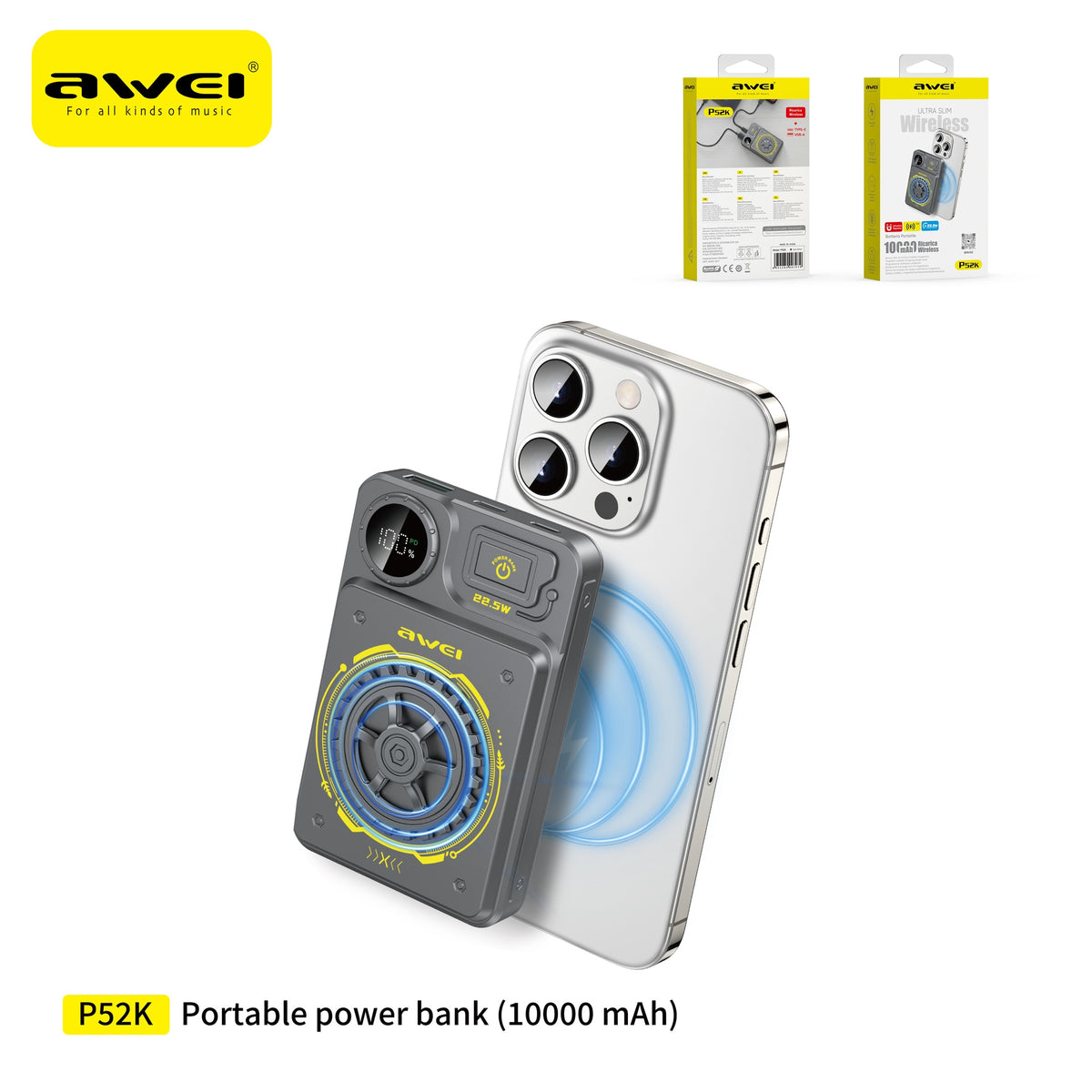 AWEI P52K Power Bank Wireless 22,5 W 10000 mAh Antistress