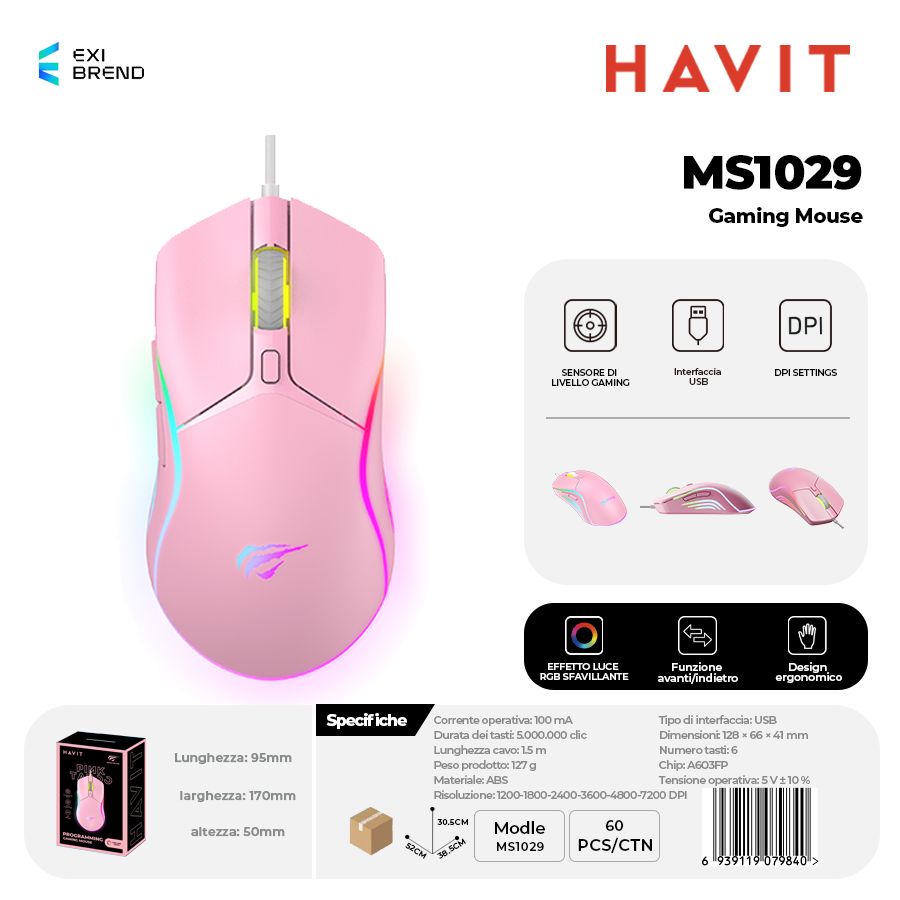 HAVIT MS1029 Mouse Gaming con RGB e 7 Tasti Macro Programming Alta Precisione - Pink