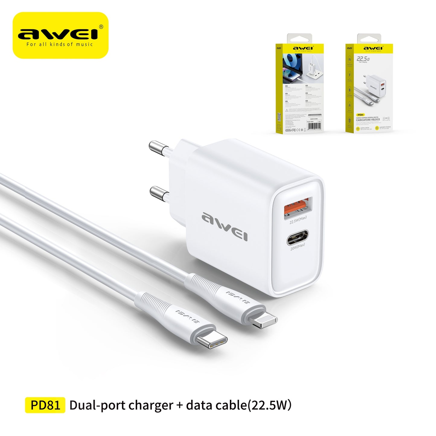 AWEI PD81i-EU Set Caricatore 22,5 W USB Type-C con Cavo C-L - White