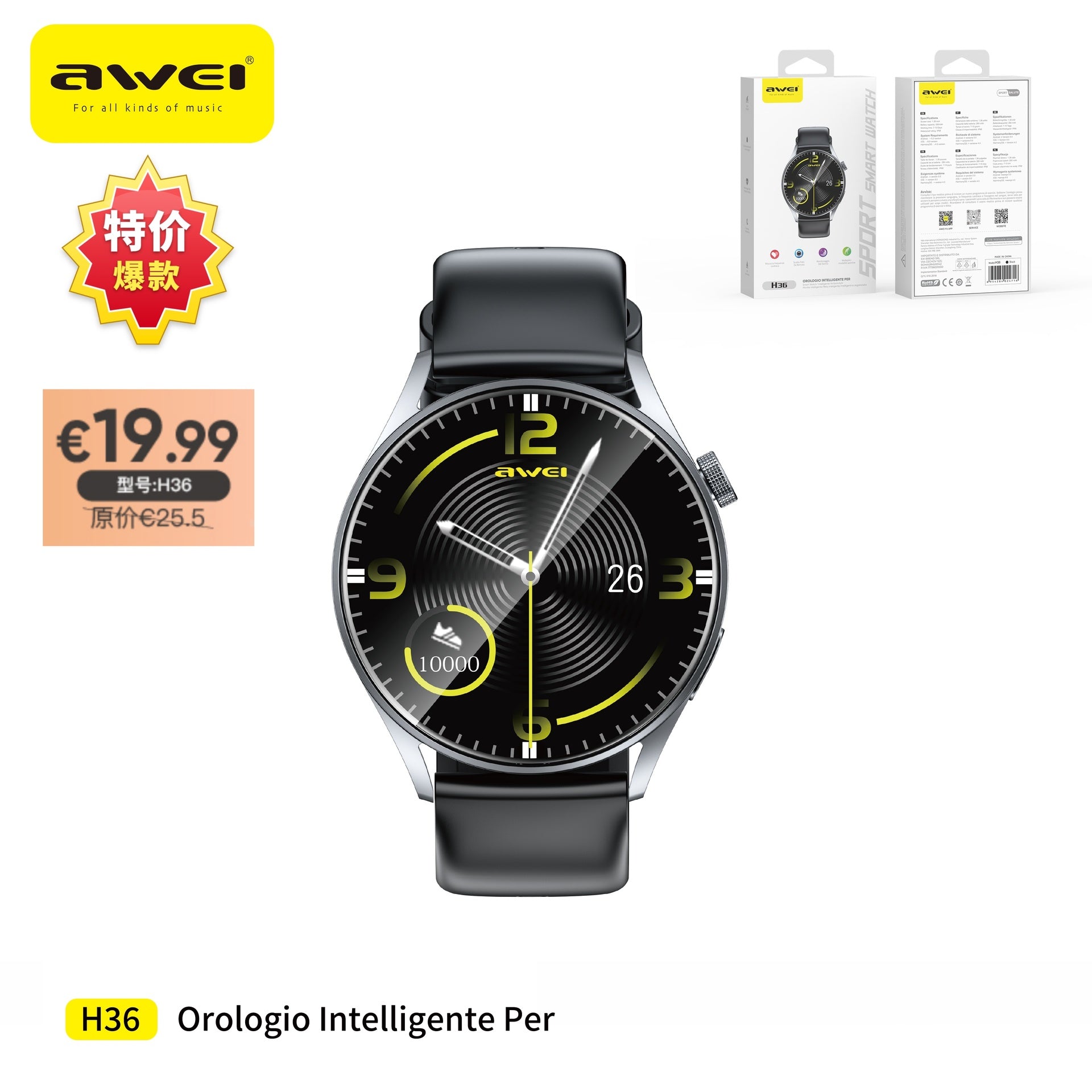 AWEI H36-BK Smartwatch con Chiamata