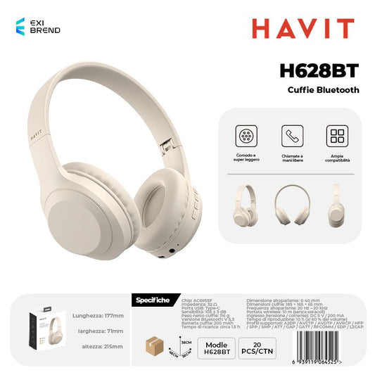 HAVIT H628BT Cuffie Bluetooth Multimodale Super Leggero - Beige